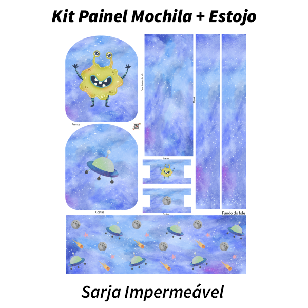 Sarja Impermeável Painel Mochila + Estojo Monstrinho Galático Azul Espacial Claro 9100e9522