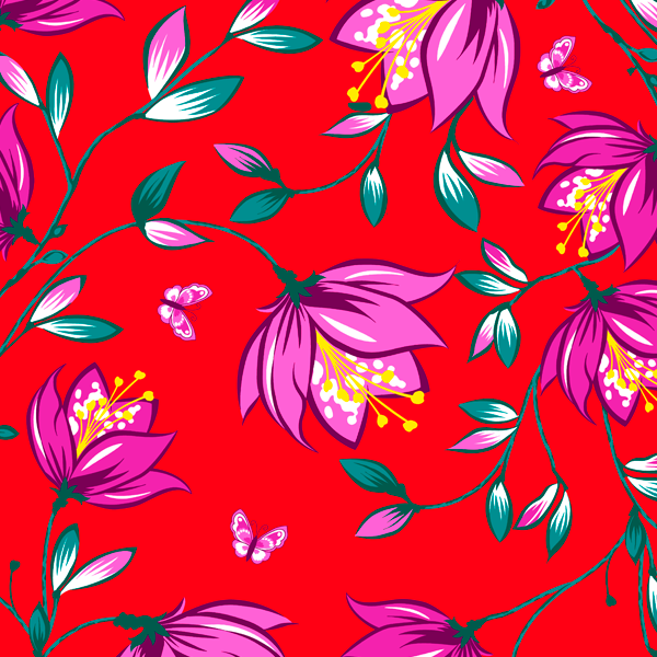 Tecido Chitão Estampado Tulipas Fundo Vermelho 3015v01