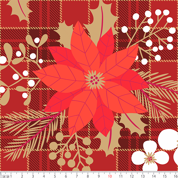 Tecidos Tricoline Estampado Flores de Natal Fundo Xadrez Vermelho 7197v01
