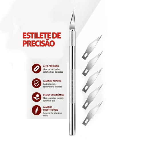 Estilete de Precisão de Aço Prata com 5 Lâminas p23537-PRATA