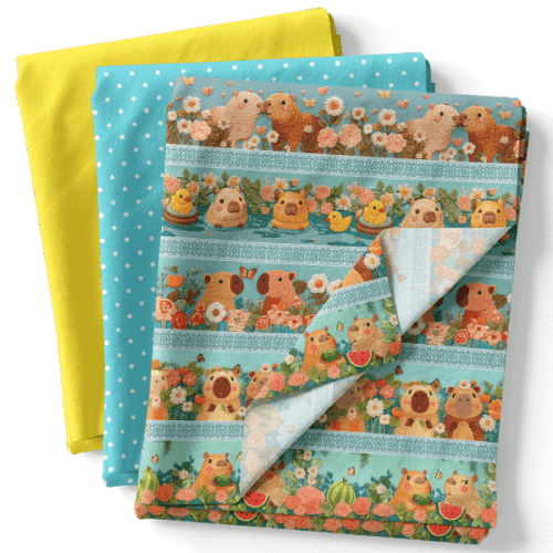 Composê Tricoline Digital Barrado Capivaras e Girassóis + Sarja Poá ou Lisa Composê Tricoline Digital Barrado Capivaras e Girassóis + Sarja Poá ou Lisa