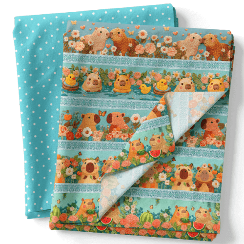 Composê Tricoline Digital Barrado Capivaras e Girassóis + Sarja Poá ou Lisa