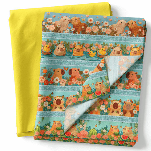 Composê Tricoline Digital Barrado Capivaras e Girassóis + Sarja Poá ou Lisa