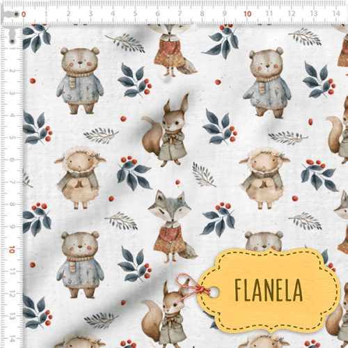 Tecido Flanela Baby Animais na Floresta Invernal Tecido Flanela Baby Animais na Floresta Invernal