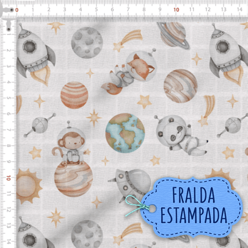Tecido Fralda Estampada  Animais Espaciais 100% Algodão 60 x 70 cm