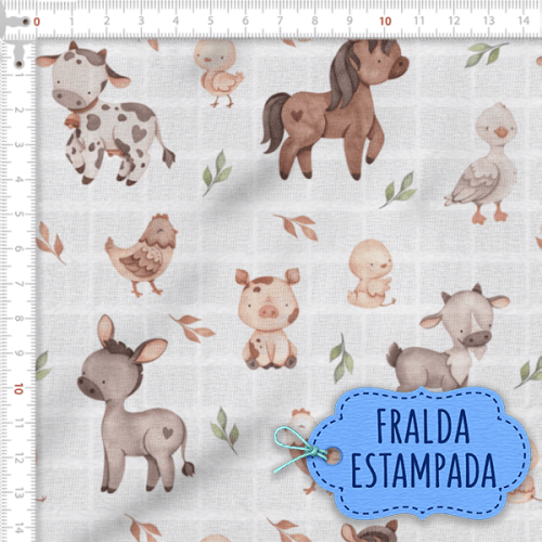Tecido Fralda Estampada Animais Fazendinha 100% Algodão 60 x 70 cm