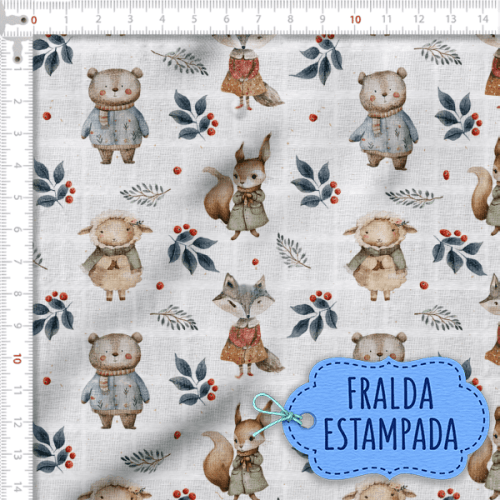 Tecido Fralda Estampada Animais na Floresta Invernal 100% Algodão 60 x 70 cm