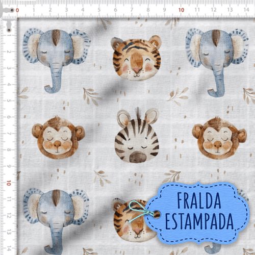 Tecido Fralda Estampada Animais na Savana 100% Algodão 60 x 70 cm
