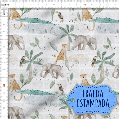 Tecido Fralda Estampada Animais na Selva 100% Algodão 60 x 70 cm