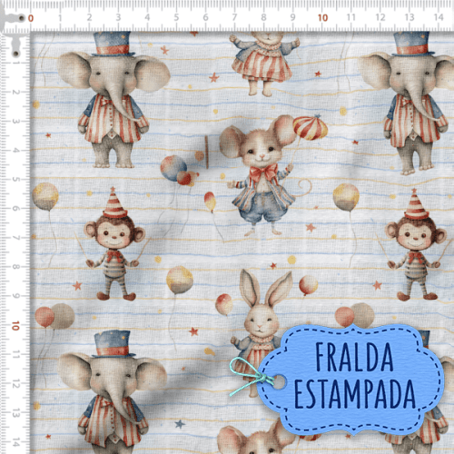 Tecido Fralda Estampada Animais no Circo 100% Algodão 60 x 70 cm