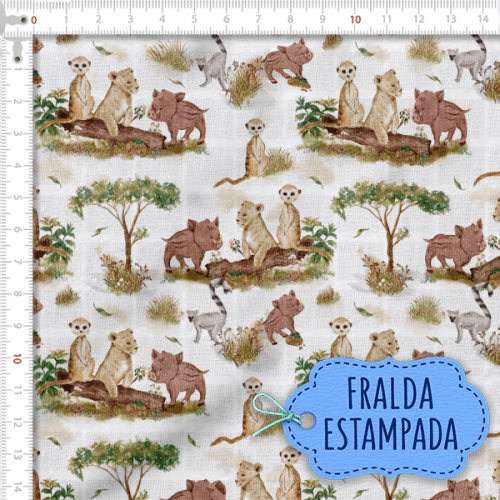 Tecido Fralda Estampada Animais Safari 100% Algodão 60 x 70 cm