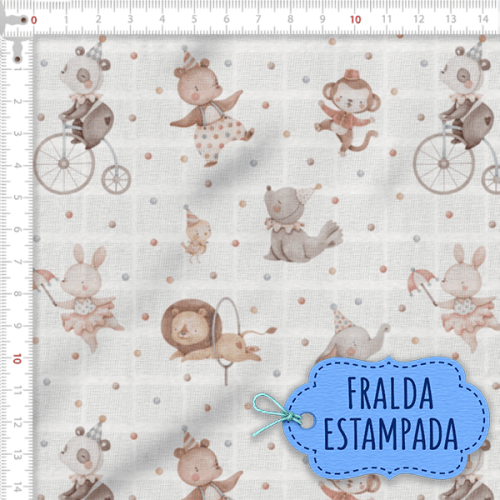 Tecido Fralda Estampada Circo dos Bichinhos 100% Algodão 60 x 70 cm