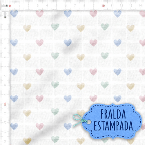 Tecido Fralda Estampada Corações Coloridos 100% Algodão 60 x 70 cm