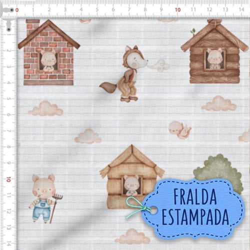 Tecido Fralda Estampada Os 3 Porquinhos 100% Algodão 60 x 70 cm