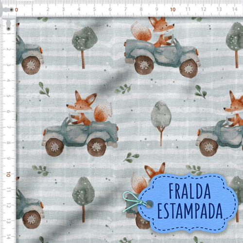 Tecido Fralda Estampada Raposa Motorista 100% Algodão 60 x 70 cm