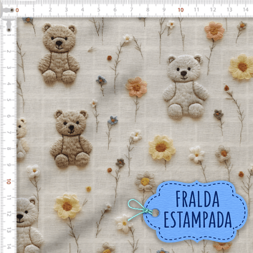 Tecido Fralda Estampada Ursinhos e Flores 100% Algodão 60 x 70 cm