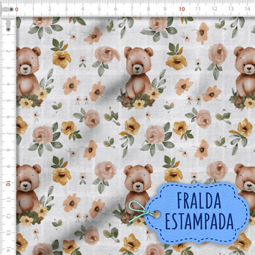 Tecido Fralda Estampada Ursos e Florais 100% Algodão 60 x 70 cm