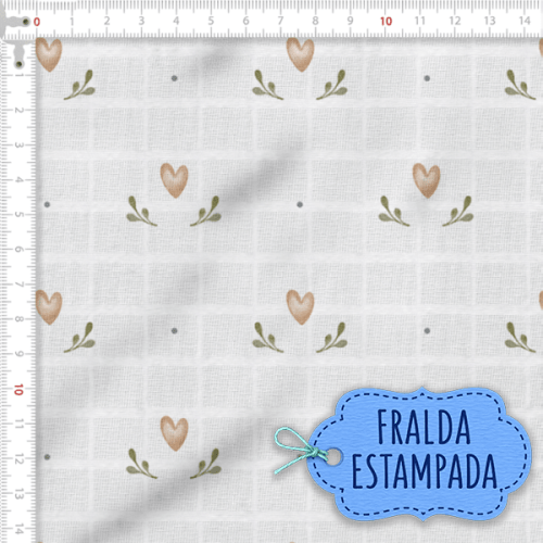 Tecido Fralda Estampado Corações e Raminhos 100% Algodão 60 x 70 cm