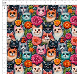 Tecido Tricoline Digital 3D Gatos Floral 9100e10961