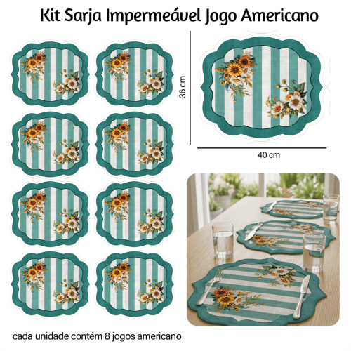 Kit Sarja Estampada Impermeável Jogo Americano Floral Girassol 9100E16562