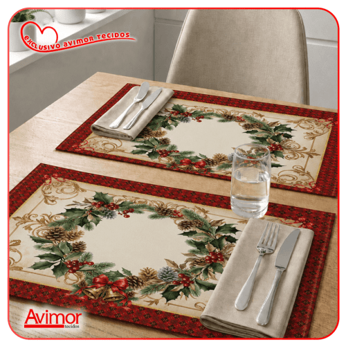 Kit Sarja Estampada Impermeável Jogo Americano Guirlanda de Natal 9101E14980 Kit Sarja Estampada Impermeável Jogo Americano Guirlanda de Natal 9101E14980