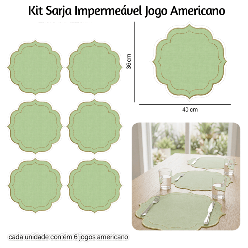 Kit Sarja Estampada Impermeável Jogo Americano Liso Pistache 9100E16573 Kit Sarja Estampada Impermeável Jogo Americano Liso Pistache 9100E16573