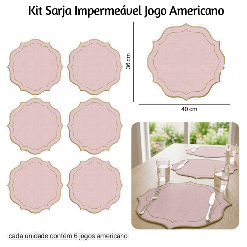 Kit Sarja Estampada Impermeável Jogo Americano Liso Rosa 9100E16566