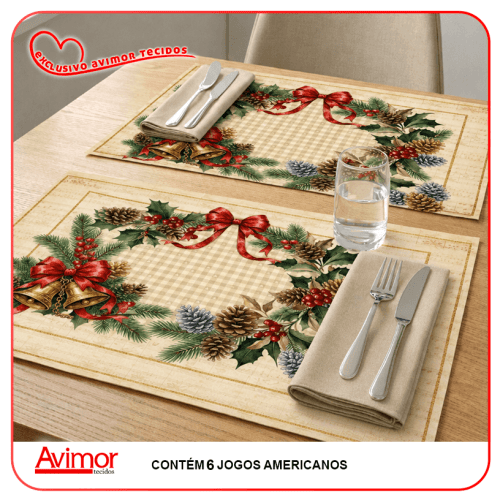 Kit Sarja Estampada Impermeável Jogo Americano Pinhas e Sinos 9101E14981