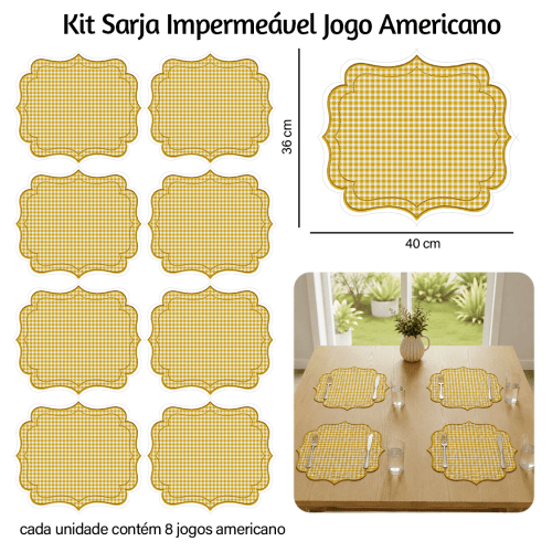 Kit Sarja Estampada Impermeável Jogo Americano Xadrez Amarelo 9100E16546