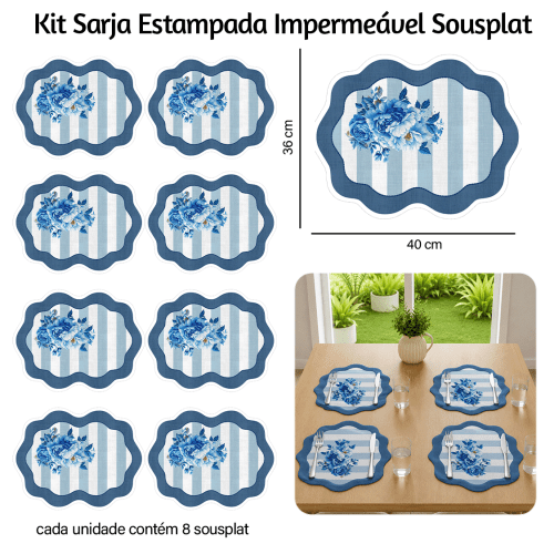 Kit Sarja Estampada Impermeável Sousplat Floral Azul 9100E16565