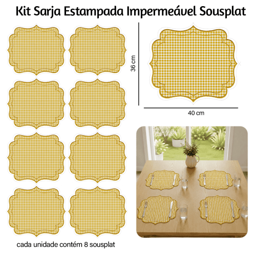 Kit Sarja Estampada Impermeável Sousplat Xadrez Amarelo 9100E16546