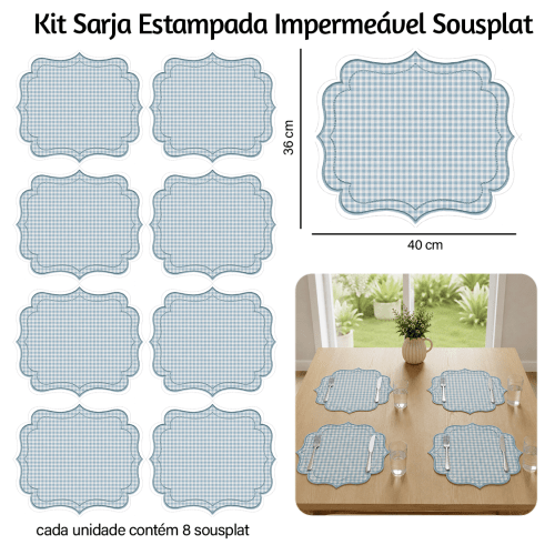 Kit Sarja Estampada Impermeável Sousplat Xadrez Azul Bebê 9100E16549