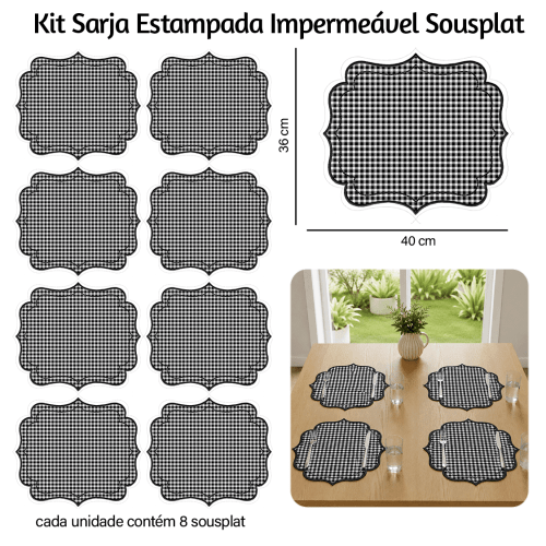 Kit Sarja Estampada Impermeável Sousplat Xadrez Preto 9100E16555