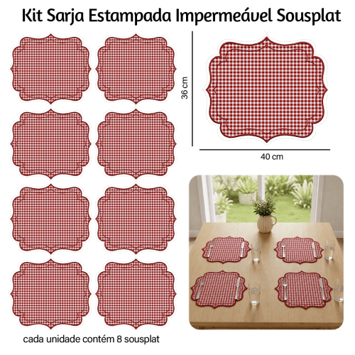 Kit Sarja Estampada Impermeável Jogo Americano Xadrez Vermelho 9100e16558