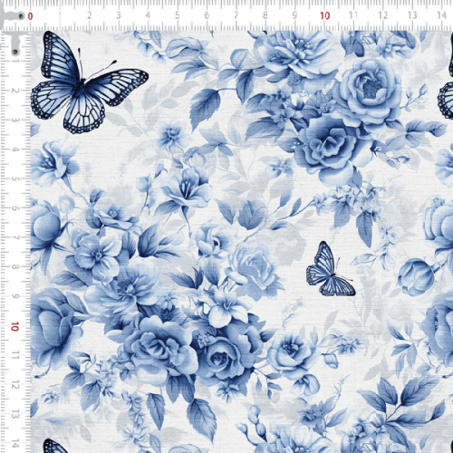 Sarja Impermeavel Estampada Efeito 3D Borboletas e Flores Azuis 9100E15613