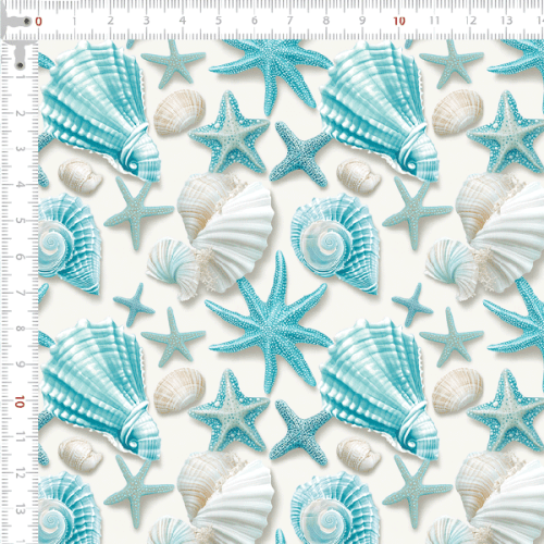 Sarja Impermeavel Estampada Efeito 3D Conchas do Mar Azulado 9100E15619