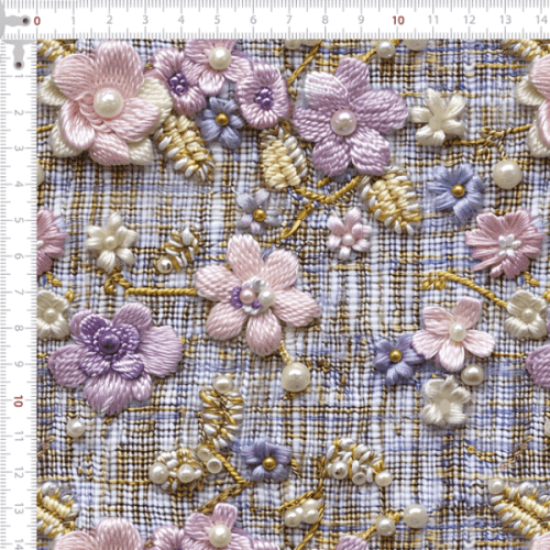 Sarja Impermeável Estampada Efeito 3D Flores Lilás e Pérolas Bordadas 9100e15238