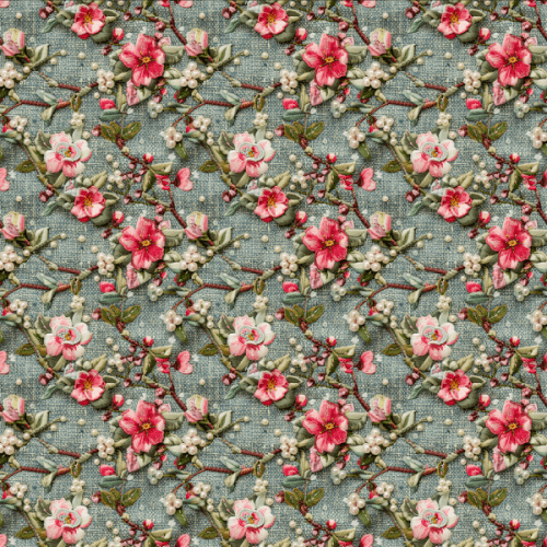 Sarja Impermeável Estampada Efeito 3D Flores Rosas e Pérolas Bordadas 9100e15237