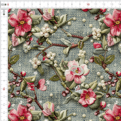 Sarja Impermeável Estampada Efeito 3D Flores Rosas e Pérolas Bordadas 9100e15237