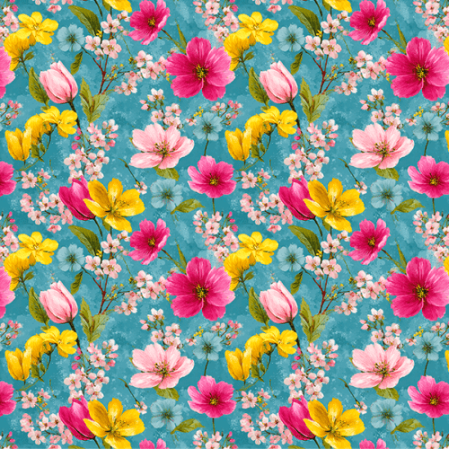 Sarja Impermeável Estampada Flores Mistas Fundo Azul 9100e16135