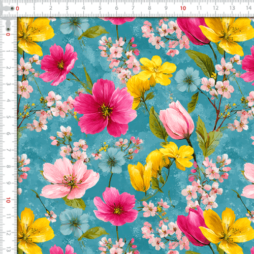 Sarja Impermeável Estampada Flores Mistas Fundo Azul 9100e16135