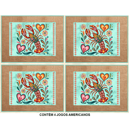 Sarja Impermeável Estampada Jogo Americano Lagosta Floral Fundo Claro 9100E15946 Sarja Impermeável Estampada Jogo Americano Lagosta Floral Fundo Claro 9100E15946