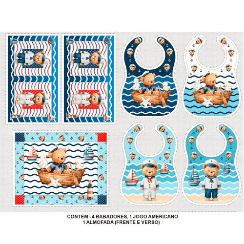 Sarja Impermeável Estampada Kit Babador + Jogo Americano + Almofada Ursinho Capitão 9100E16122
