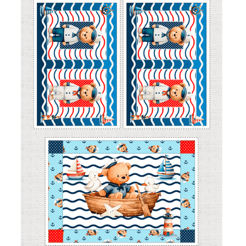 Sarja Impermeável Estampada Kit Painel Jogo Americano + Babador + Almofada Ursinho Capitão 9100E16122