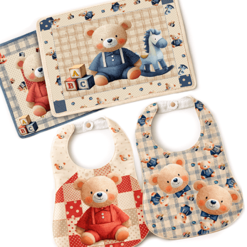 Sarja Impermeável Estampada Kit Painel Jogo Americano + Babador + Almofada Ursinho Infantil 9100E16121