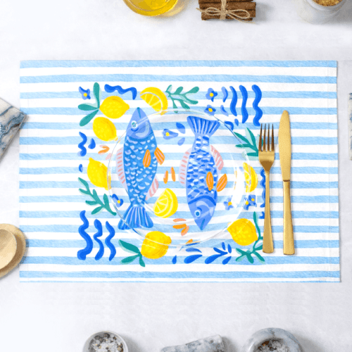 Sarja Impermeável Estampada Jogo Americano Peixe Azul Limão 9100E15945