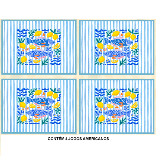 Sarja Impermeável Estampada Jogo Americano Peixe Azul Limão 9100E15945 Sarja Impermeável Estampada Jogo Americano Peixe Azul Limão 9100E15945