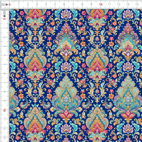 Tecido Sarja Impermeável Estampada Arabesco Floral Azul Royal 9100e17230