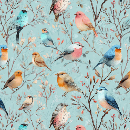 Tecido Sarja Impermeável Estampada Pássaros Aquarela Azul 9100e17113