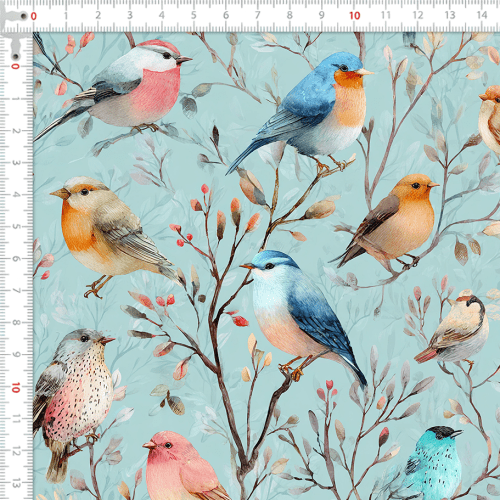 Tecido Sarja Impermeável Estampada Pássaros Aquarela Azul 9100e17113
